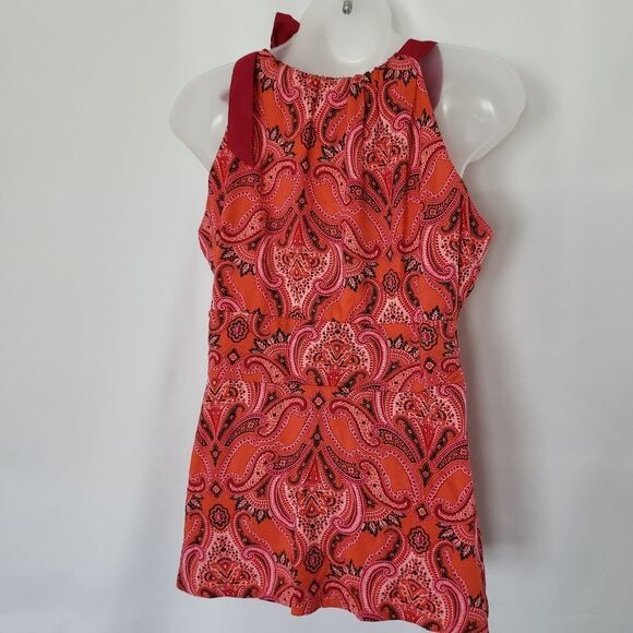 Ann Taylor Orange Paisley Tie Shoulder top - Picture 2 of 4